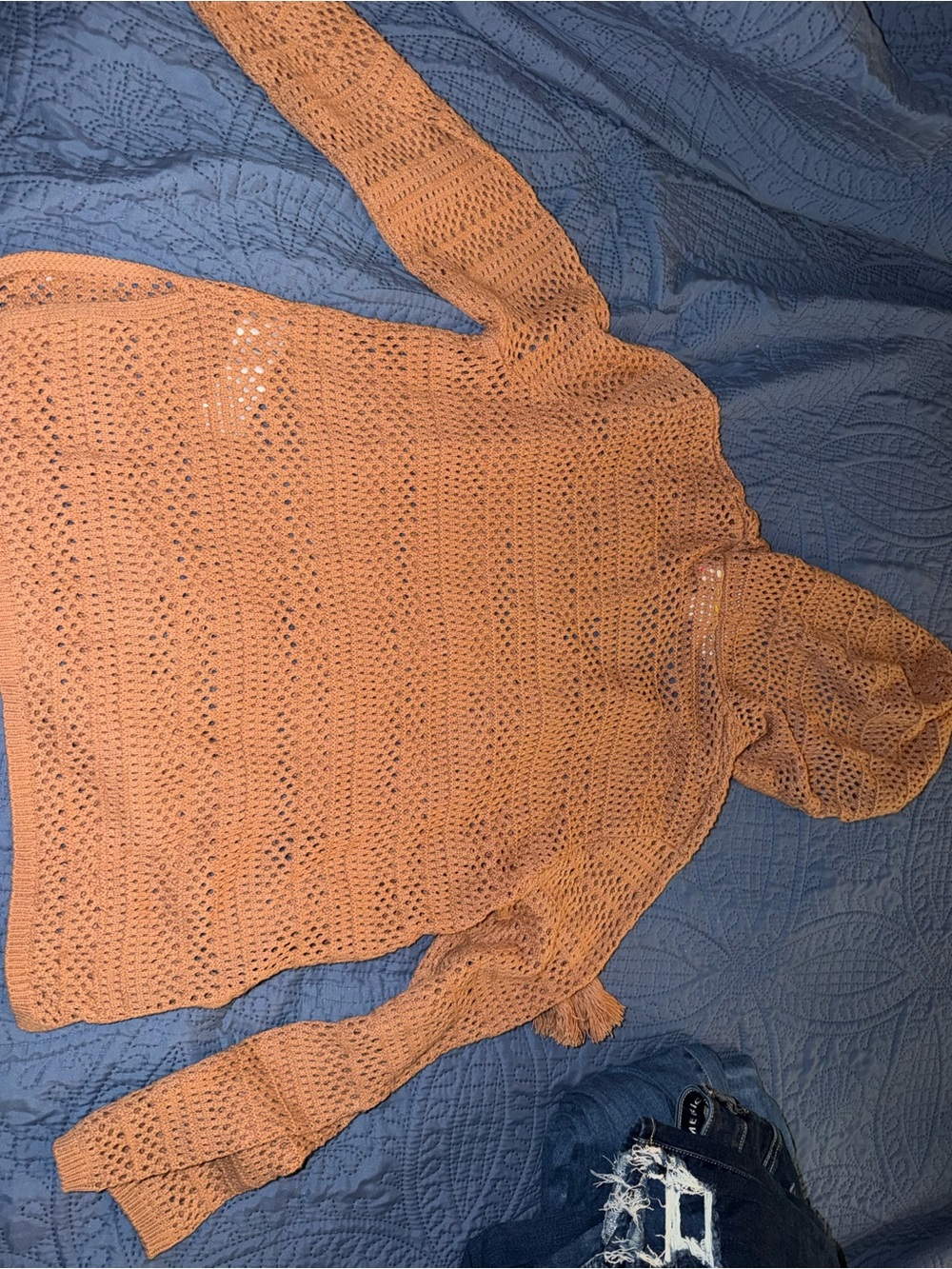 Roxy Women's Open-Knit Hooded V-Neck Sweater in Rusty Tan - Picture 3 of 3